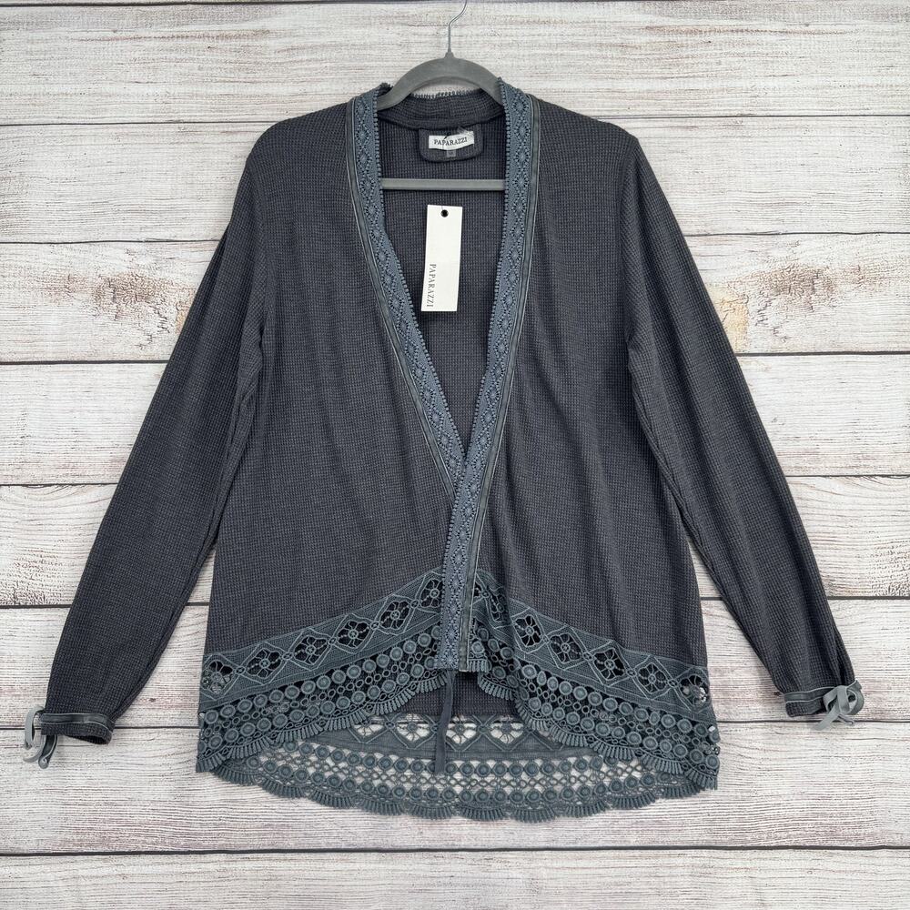 Paparazzi Cardigan Womens Small Gray Open Front Lace Trim Long Sleeve Boho‎ Chic